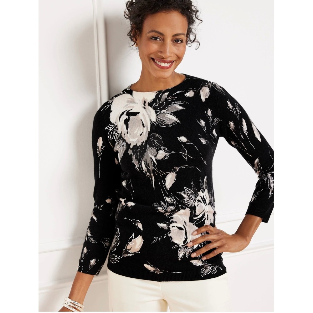 Talbots Audrey Rosey Bouquet Pure Cashmere Sweater Petite‎ Black Floral Size SP